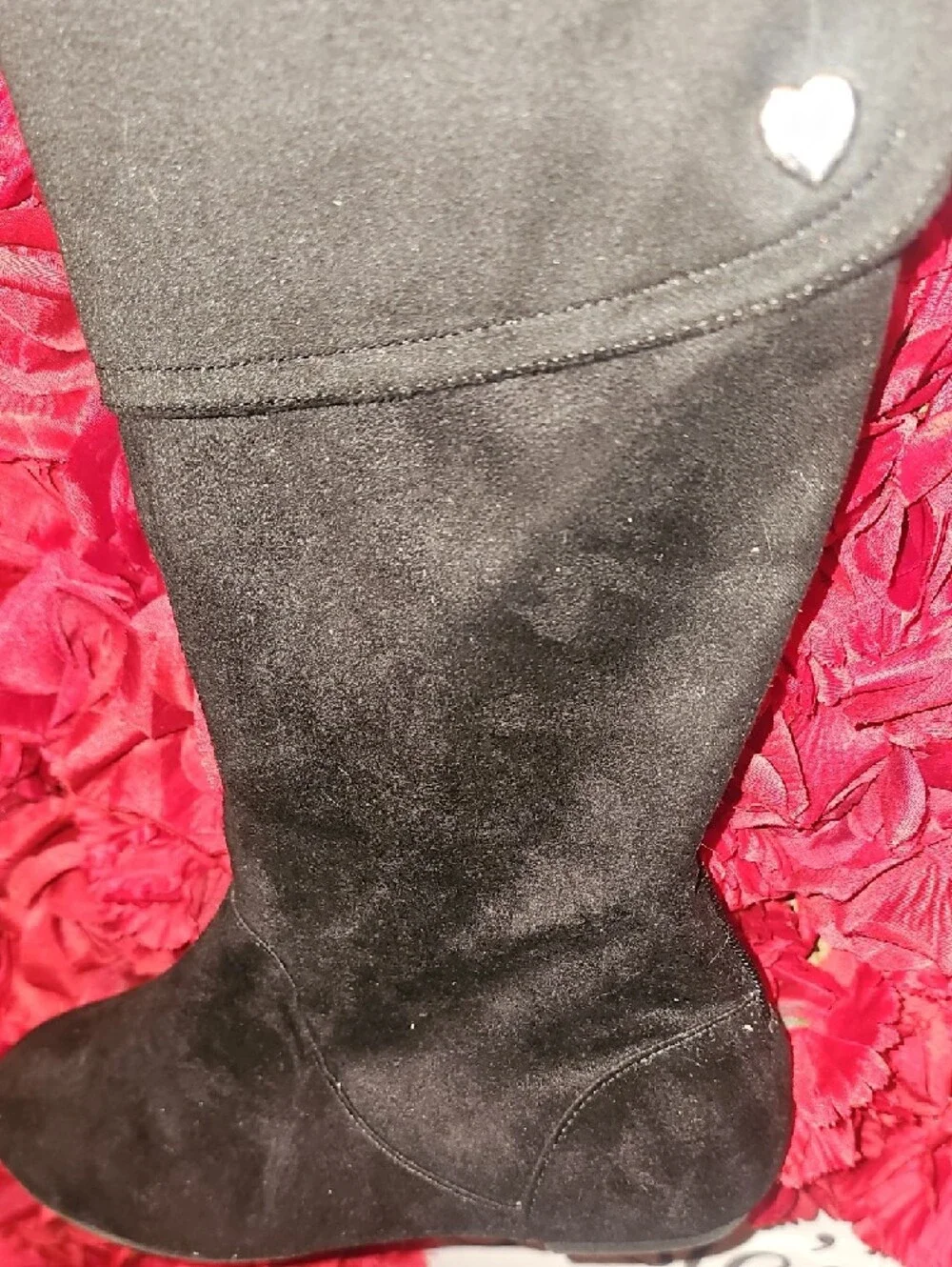 American Eagle Black Knee-High Fold-Over Faux Suede Boots with Heart Size 4½
